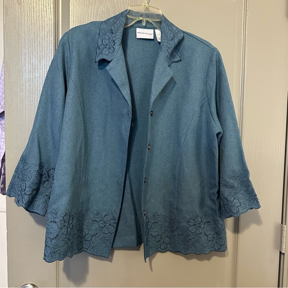 Alfred Dunner Blue Floral Embroidered Embellished Jacket Size 14 Classy Church